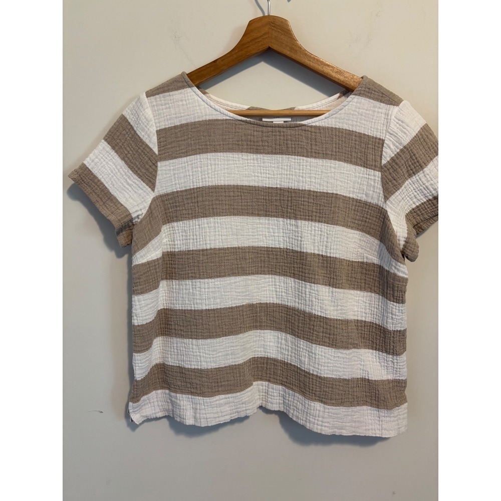 J. Jill Womens Tan White Striped Cotton Gauze Short Sleeve Top Large